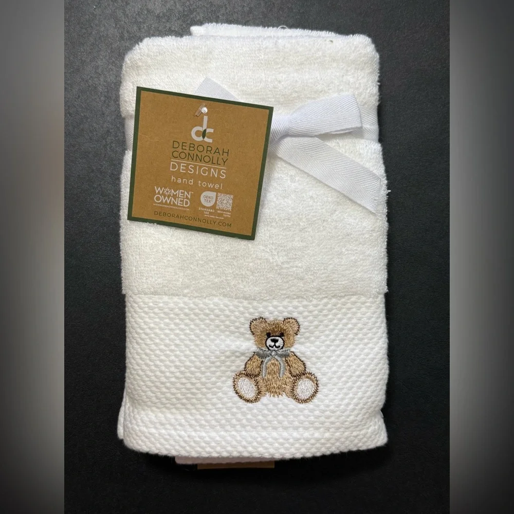 Deborah Connolly White Embroidered Hand Towel Teddy Bear Set Of 2 Oeko Tex - NWT